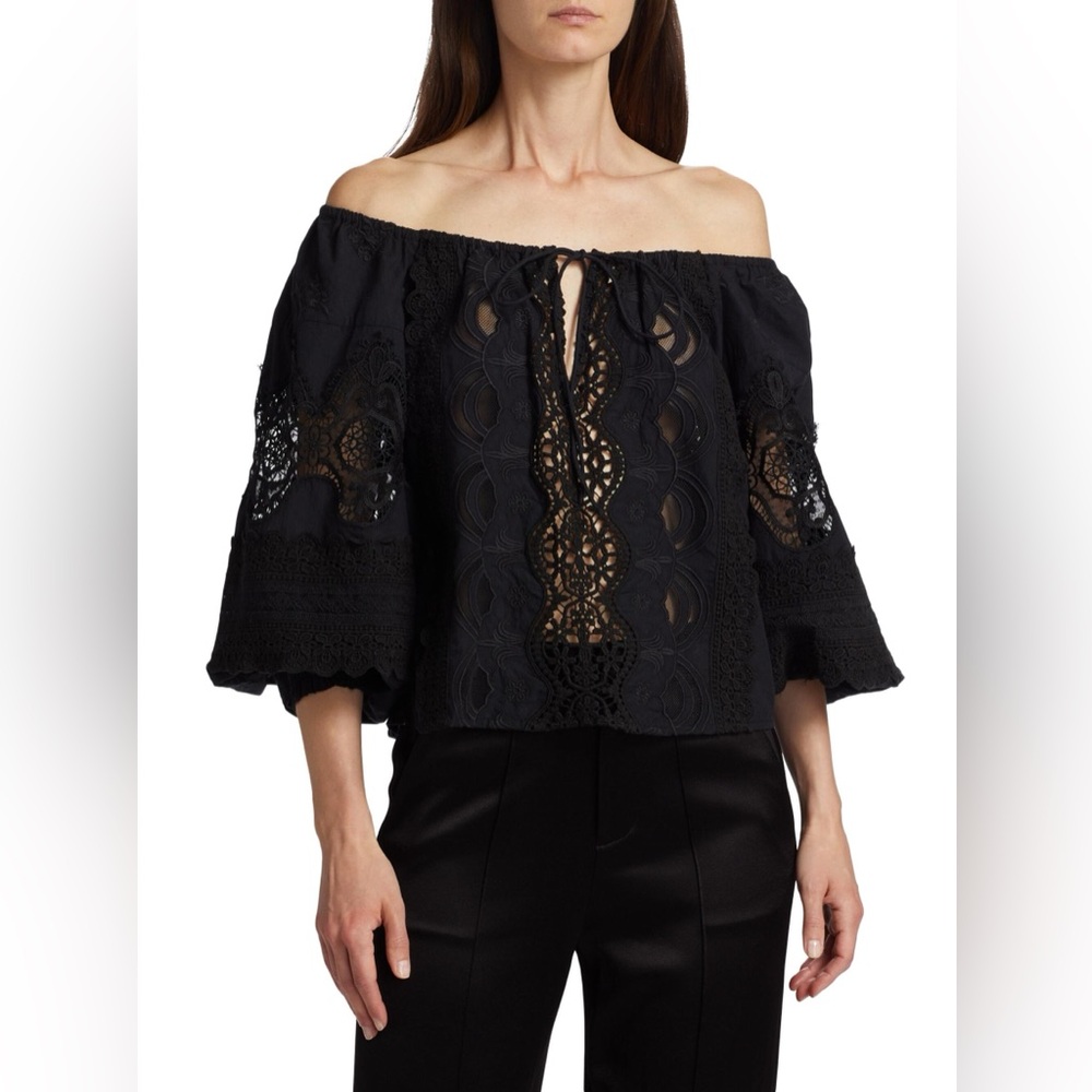 Alice + Olivia Alta Embroidery Off Shoulder Blouse- Black